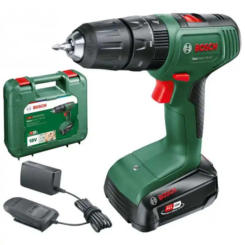 Bestpreis BOSCH EasyImpact 18V-40 (1x1,5Ah)+AL18V-20 Akku-Zweigang-Schlagbohrschrauber 06039D8101