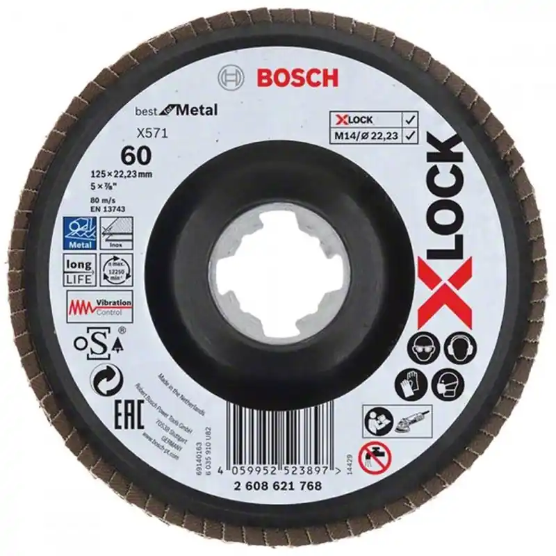 Wochenendangebot BOSCH X-LOCK Fächerschleifscheibe, Metall, gewinkelte Ausf., G120, X571, 125mm, 2608621770