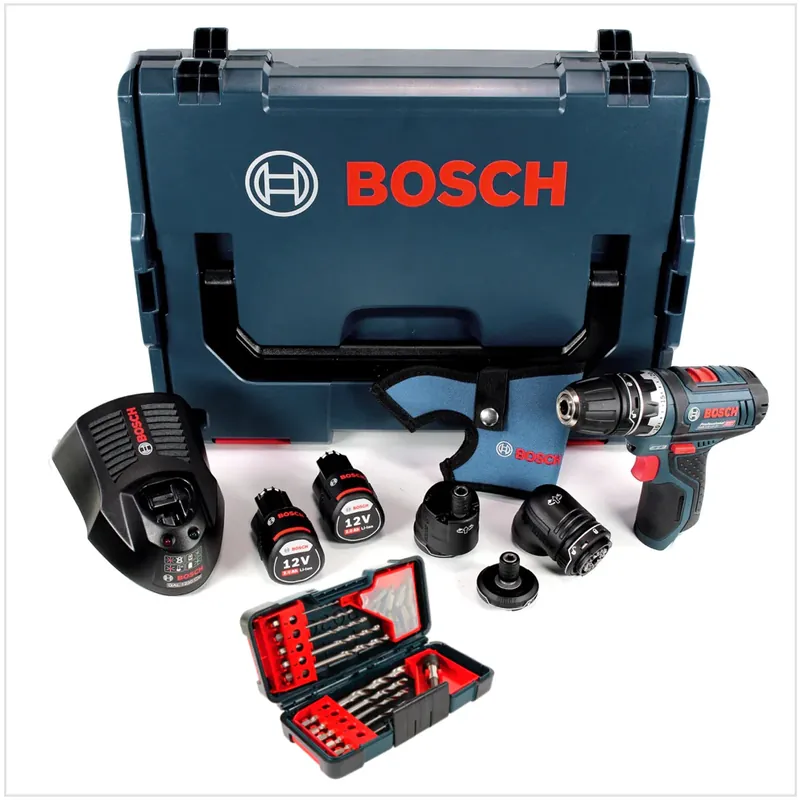Preiswert Bosch GSR 12V-15 FC Professional FlexiClick Akku Bohrschrauber mit 2 x 2 Ah Akkus + Lader + 3 tlg. Aufsätze - Set in L-Boxx ( 06019F6000 ) + Bosch Bit & Bohrer Set in Tough Box 23 tlg. Bohren & Schrauben ( 2607019912 )