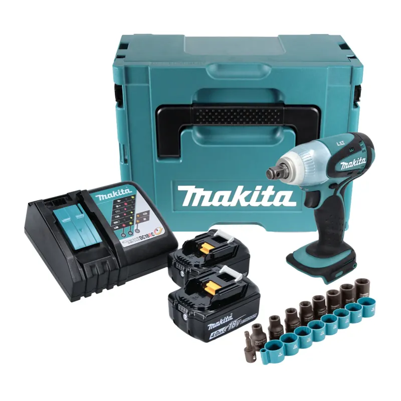 Preisreduziert Makita DTW 251 RMJ Akku Schlagschrauber 18 V 230 Nm 1/2" + 2x Akku 4,0 Ah + Ladegerät + 9 tlg. Steckschlüssel Set + Makpac