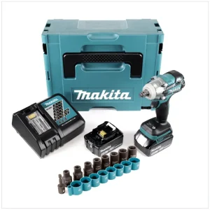 Schnäppchen Makita DTW 285 RTJ Akku Schlagschrauber 18 V 280 Nm 1/2 " Brushless + 2x Akku 5,0 Ah + Ladegerät + Steckschlüssel Set + Makpac
