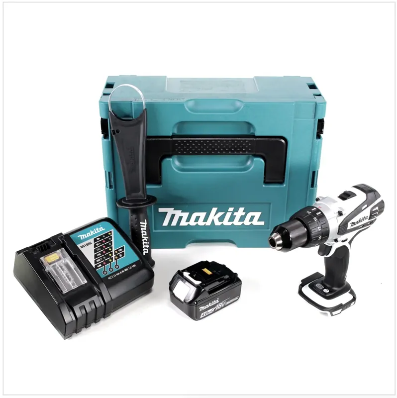Markenprodukt Makita DDF 458 W RM1J 18V Akku Bohrschrauber 91 Nm in weiß im Makpac mit 1x 4,0 Ah Akku und Ladegerät