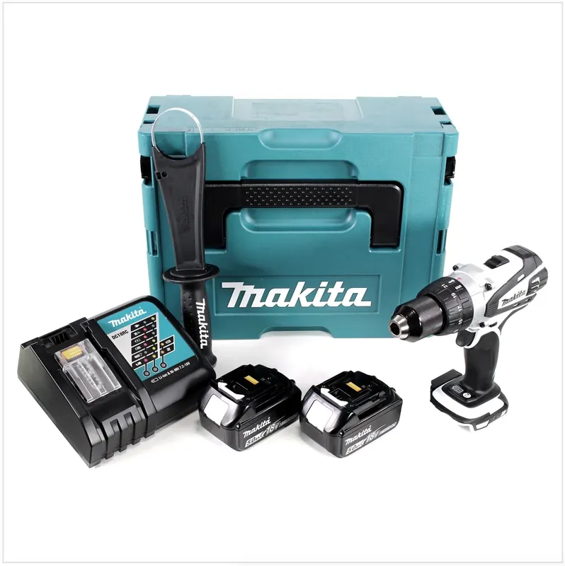 Geprüft Makita DDF 458 W RTJ 18V Akku Bohrschrauber 91 Nm in weiß im Makpac mit 2x BL1850 B 5,0 Ah Akku und DC18RC Ladegerät