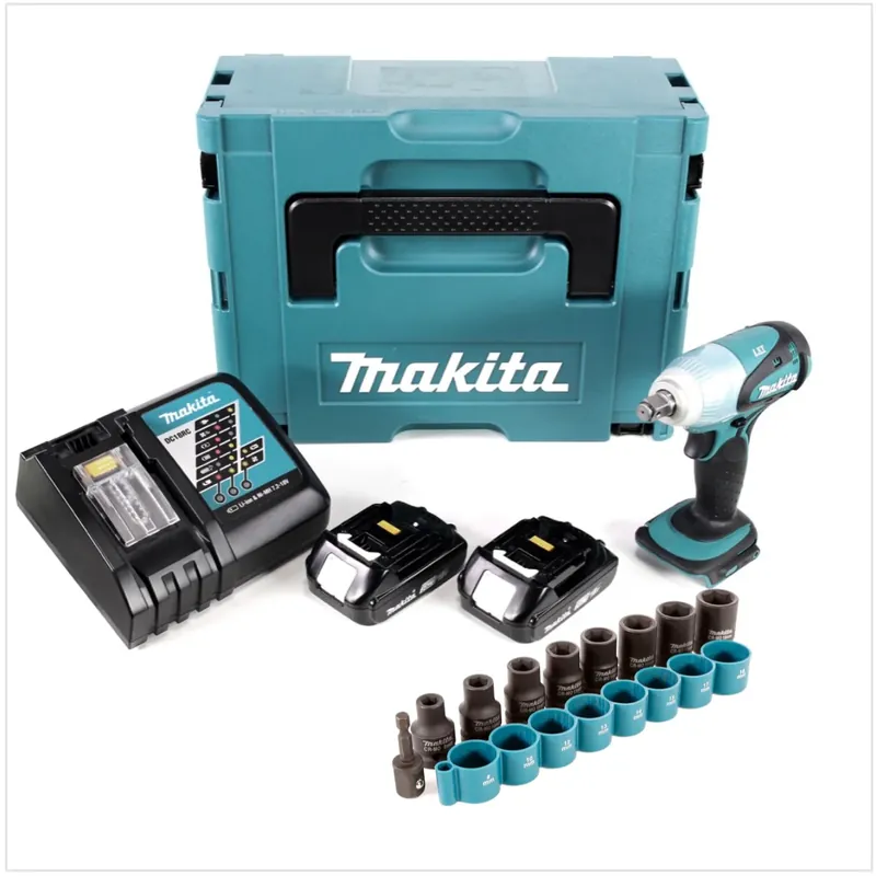 Finale Aktion Makita DTW 251 RAJ Akku Schlagschrauber 18 V 230 Nm 1/2" + 2x Akku 2,0 Ah + Ladegerät + 9 tlg. Steckschlüsselsatz + Makpac