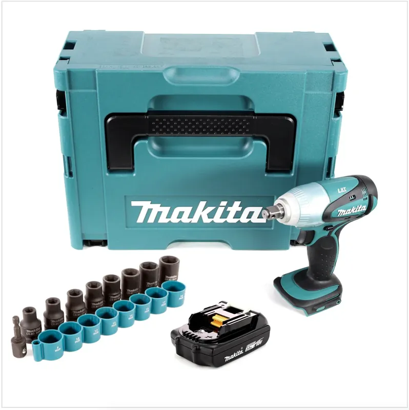 Markenware Makita DTW 251 A1J Akku Schlagschrauber 18 V 230 Nm 1/2" + 1x Akku 2,0 Ah + 9 tlg. Steckschlüsselsatz + Makpac - ohne Ladegerät