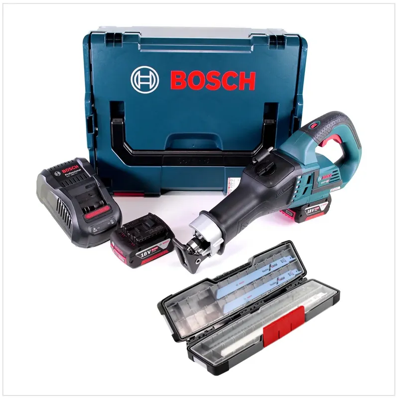 Neue Ware Bosch GSA 18V-32 Professional Akku Recipro- / Säbelsäge brushless in L-Boxx mit 2x GBA 6,0 Ah Akku und GAL 1880 CV Ladegerät + Bosch Säbelsägeblätter Tough Box Wood Metal All-in-One bis 300 mm 20 tlg ( 2607010996 )