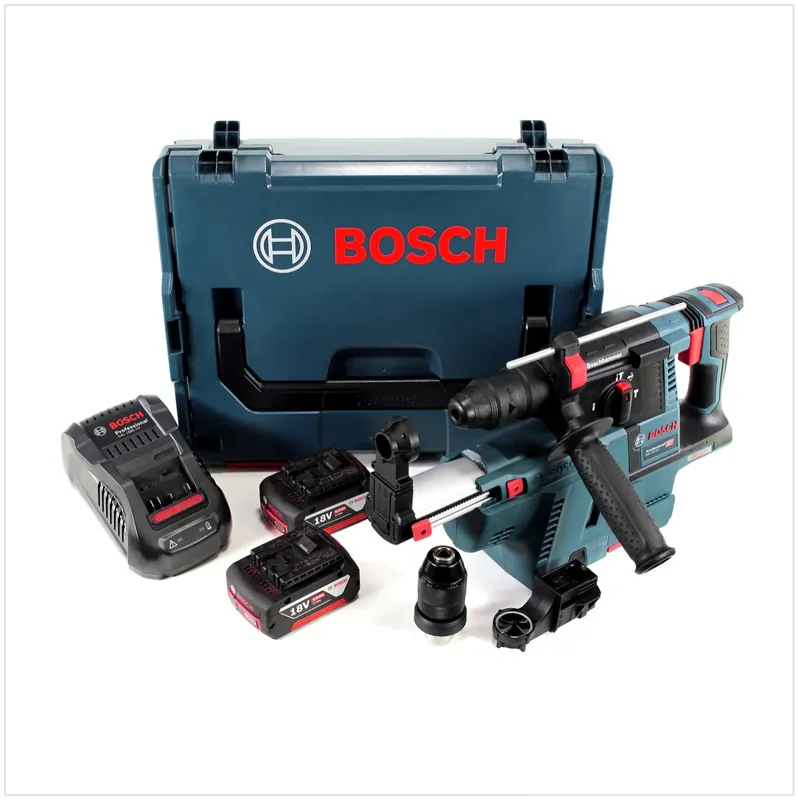 Markenware Bosch GBH 18V-26 F Akku Bohrhammer 18V 2,6J SDS-Plus in L-Boxx mit GDE 18V-16 Staubabsaugung, 2 x 5Ah Akku und Ladegerät