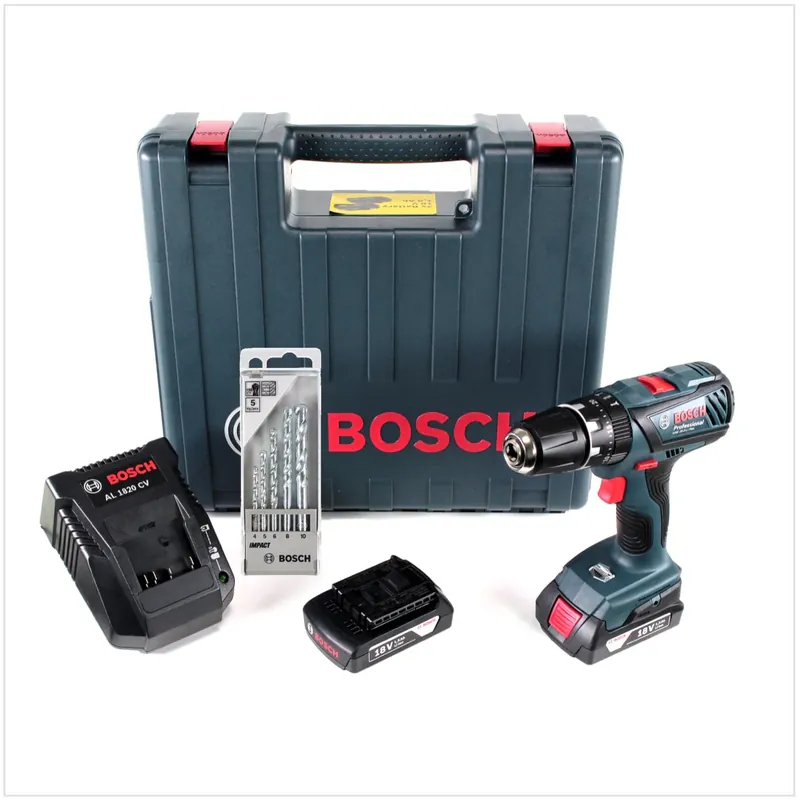 Ausverkauf Bosch GSB 18-2-Li Plus Professional 18 V Akku Schlagbohrschrauber mit 2 x 1,5 Ah Akkus + Ladegerät im Koffer + Bosch 5 tlg. Steinbohrer Set Impact 4 - 10 mm