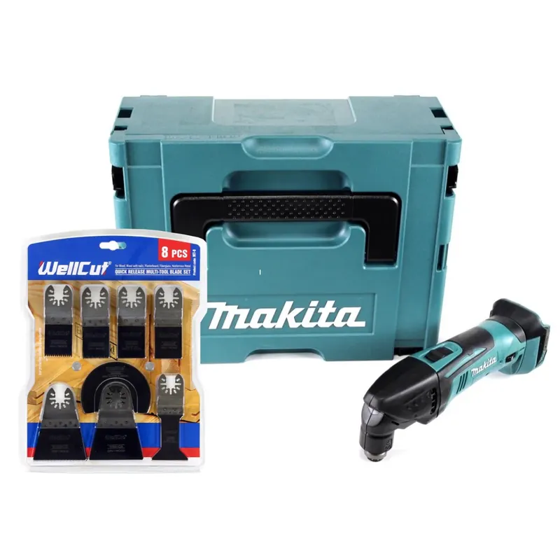Makita DTM 50 ZJ 18V Li-Ion Akku Multifunktion Werkzeug Solo im Makpac + WellCut MT-8 8 tlg. Sägeblätter Set Finale Aktion