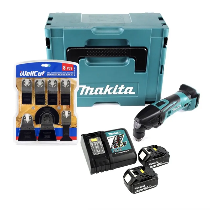Makita DTM 50 RTJ Akku Multifunktionwerkzeug 18V + 2x Akku 5,0Ah + Ladegerät + WellCut MT-8 8 tlg. Sägeblätter Set + Makpac Preis Gesenkt