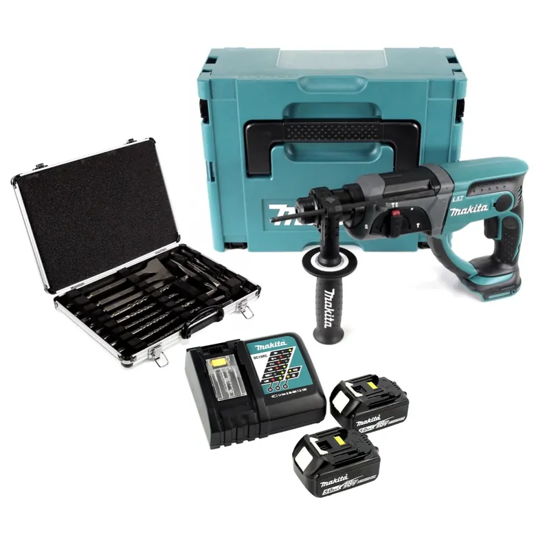 Makita DHR 202 RTJ 18 V Akku Kombihammer SDS-Plus im Makpac + 2x 5,0 Ah Akku + DC18RC Ladegerät + D-42444 SDS-Plus Bohrer-Meißel-Set 17 tlg. im Alu Koffer Preiswert