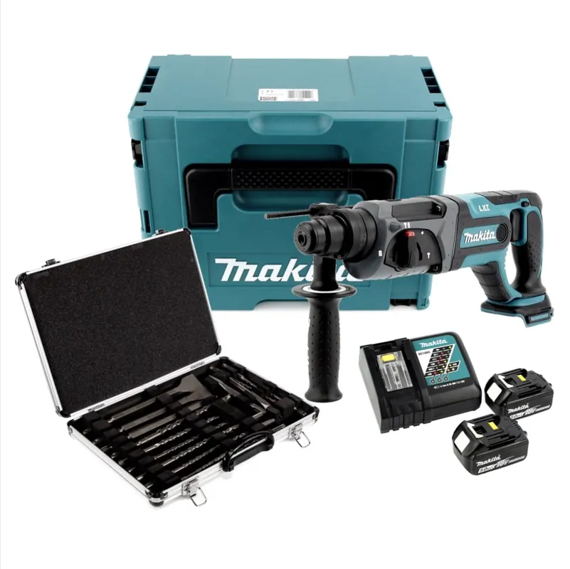 Geprüft Makita DHR 241 RTJ Akku Bohrhammer 18 V Li-Ion mit SDS-Plus Aufnahme im Makpac + 2x BL 1850 B 5,0 Ah Akku + DC 18 RC Schnellladegerät + Makita D-42444 SDS-Plus Bohrer-Meißel-Set 17 tlg. im Alu Koffer