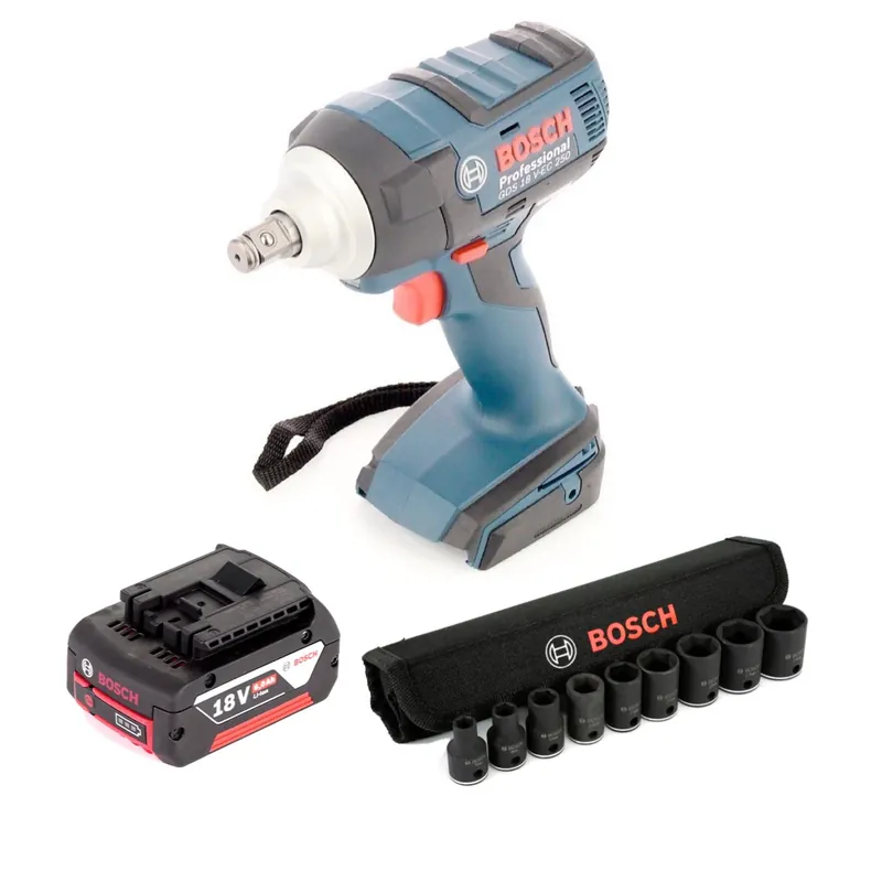 Bosch GDS 18 V-EC 250 Professional brushless Akku Dreh Schlagschrauber mit Einlage und GBA 6 Ah Akku L-Boxx ready + 1/2" Steckschlüssel Einsätze Außen Sechskant Nüsse Set 9 tlg. ( 2608551100 ) Preisreduziert