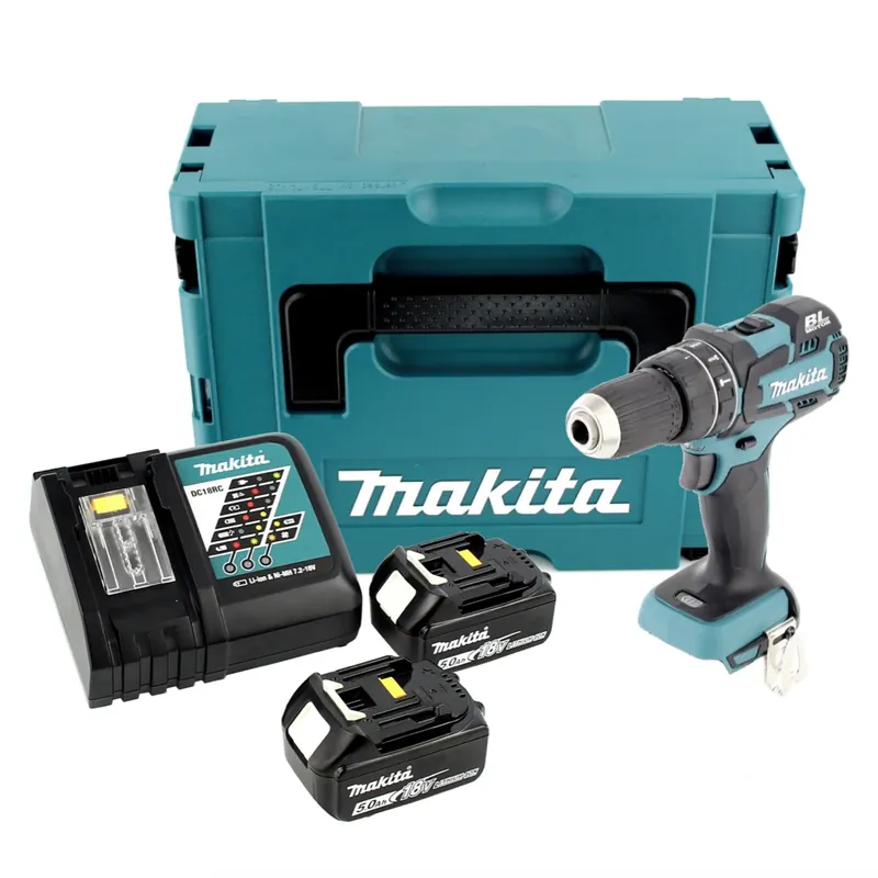 Makita DHP 480 RTJ 18 V Li-Ion Akku Schlagbohrschrauber Solo im Makpac + 2x 5,0 Ah Akku + Schnellladegerät Abverkauf