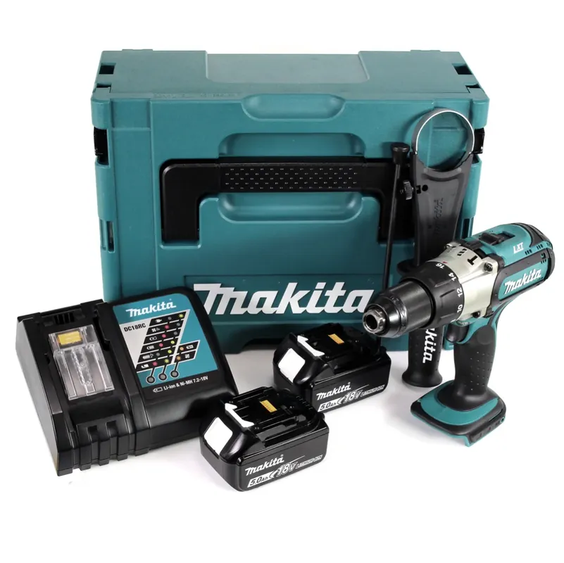 Letzte Chance Makita DHP 451 RTJ 18 V 3. Gang Li-Ion Akku Schlagbohrschrauber im Makpac + 2x 5,0 Ah Akku + Schnellladegerät