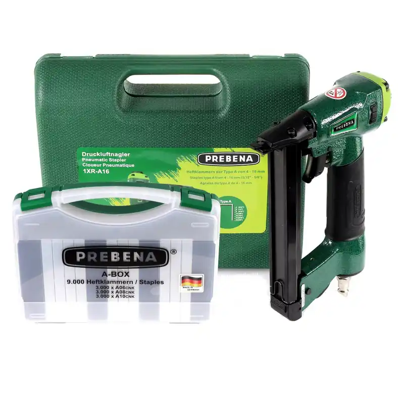 Prebena 1XR-A16 Luftdruck Druckluftnagler im Transportkoffer + A-BOX 9.000 Heftklammern / Staples Jetzt Bestellen