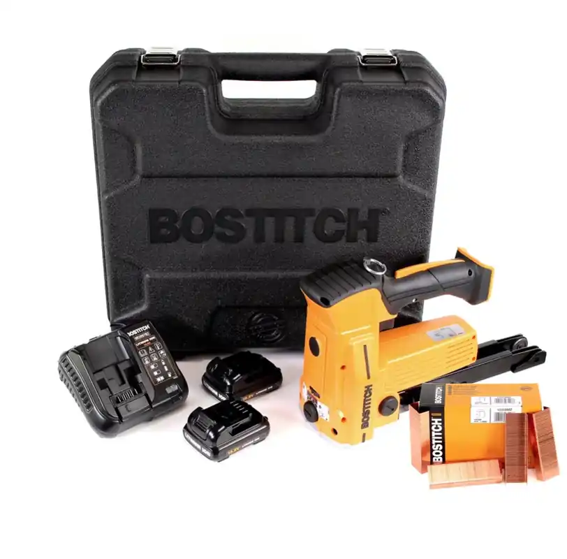 Wochenendangebot Bostitch DSA-3522-E 10,8 V Akku Kartonverschlusshefter Karton Tacker im Koffer + 2x 1,5 Ah Akku + Ladegerät + 2000 Stk. Kartonklammern 18 mm