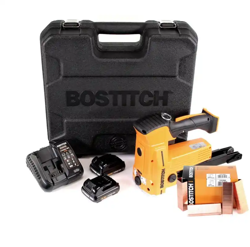 Bostitch DSA-3522-E 10,8 V Akku Kartonverschlusshefter Karton Tacker im Koffer + 2x 1,5 Ah Akku + Ladegerät + 2000 Stk. Kartonklammern 22 mm Neu