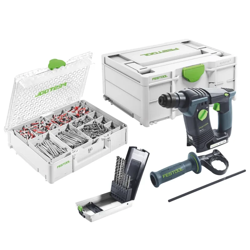 Nur Für Kurze Zeit Festool BHC 18 Basic Akku Bohrhammer 18 V 25 Nm 1,8 J SDS Plus Brushless + 650 tlg. Schrauben und Dübel Sortiment + 7 tlg. Hammerbohrer SDS-Set + Systainer - ohne Akku, ohne Ladegerät