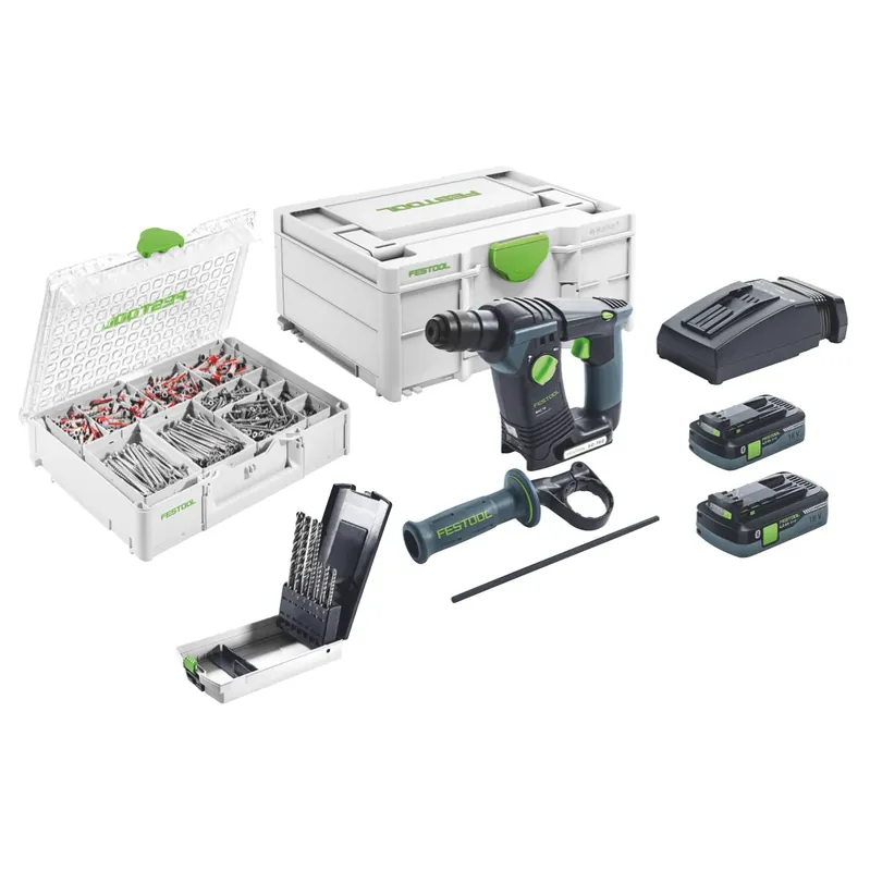 Festool BHC 18 HPC 4,0 I-Plus Akku Bohrhammer 18 V 25 Nm 1,8 J SDS Plus Brushless + 2x Akku 4,0 Ah + Ladegerät + 650 tlg. Schrauben und Dübel Sortiment + 7 tlg. Hammerbohrer SDS-Set + Systainer Neuheit