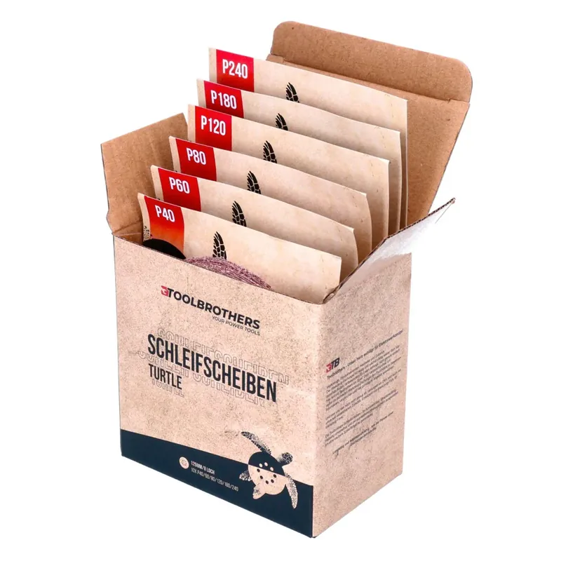 Toolbrothers TURTLE Schleifset 125mm Klett 8 Loch je 10x P40 / P60 / P80 / P120 / P180 / P240 für Hartholz, Weichholz, Lack, Stein, Stahl, Aluminium, Furnier Kracherpreis
