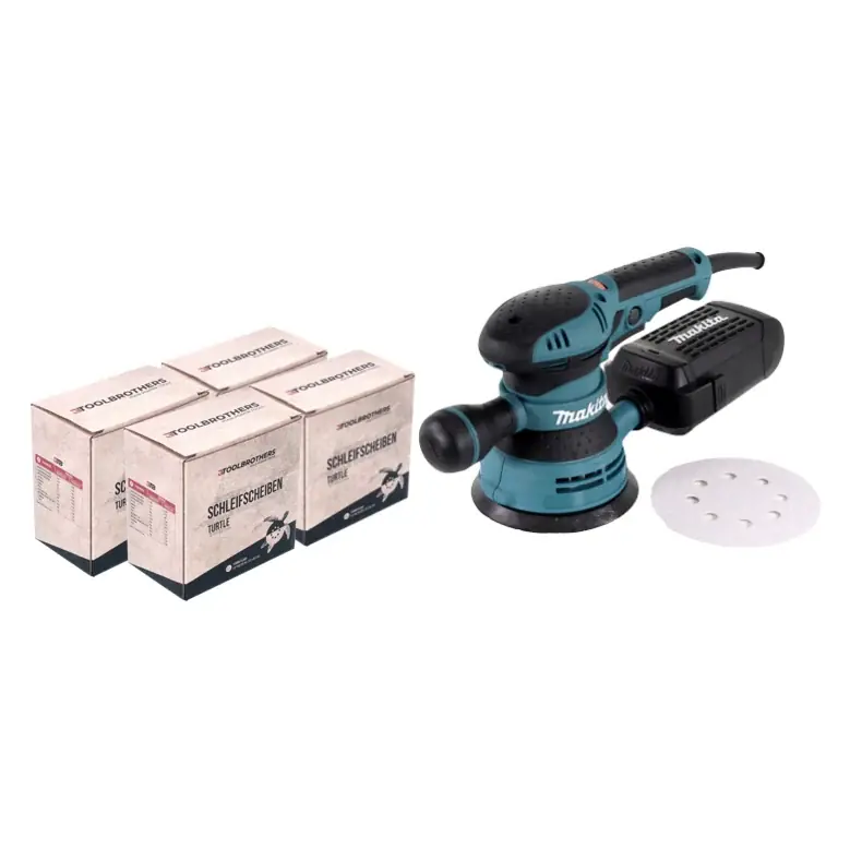 Bestpreis Makita BO 5041 Exzenterschleifer / Schleifmaschine 300 W 125 mm + 4x Toolbrothers TURTLE Schleifset