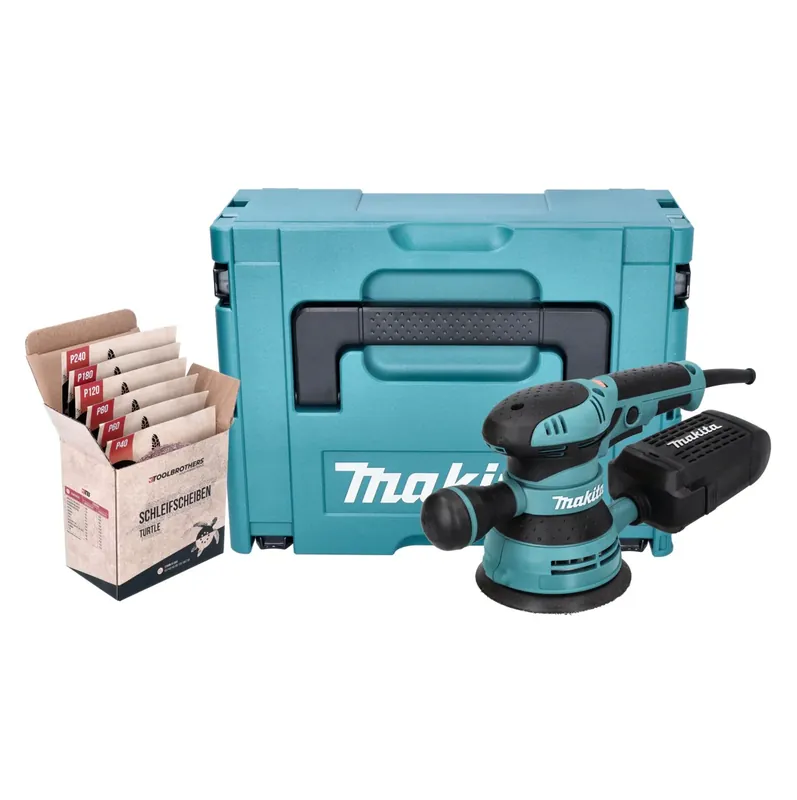 Preiswert Makita BO 5041 J Exzenterschleifer Schleifmaschine 300 W 125 mm + Toolbrothers TURTLE Schleifset + Makpac