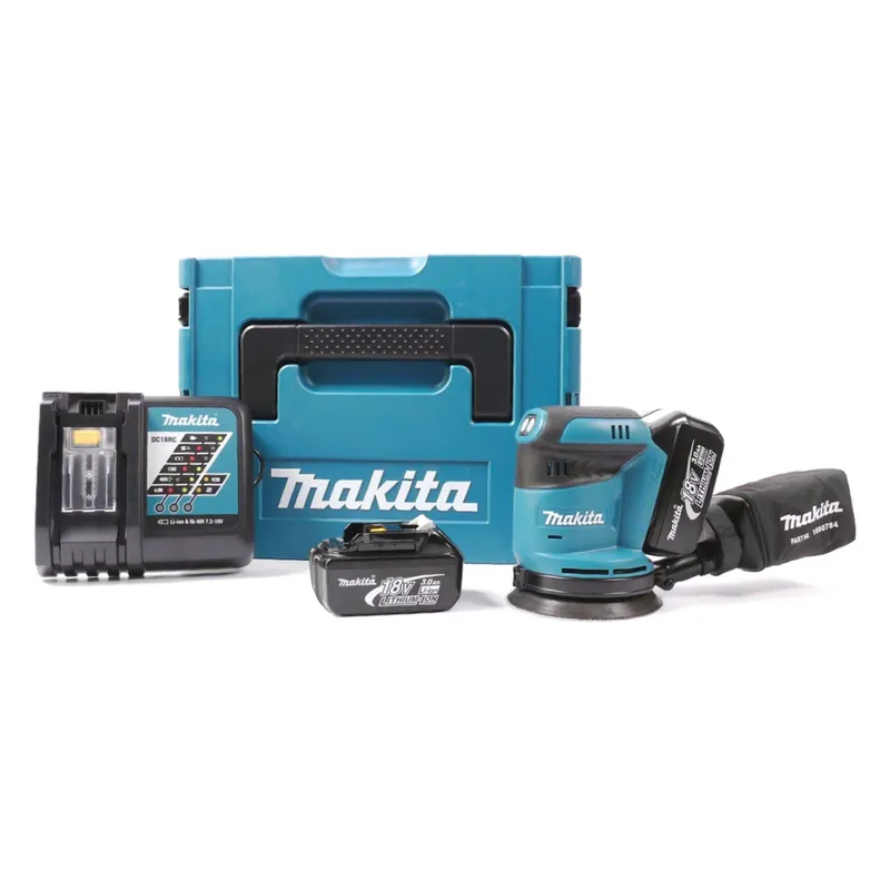 Must-Have Makita BBO 180 RFJ 18V Li-ion Akku Exzenterschleifer + 2x Akku 3,0Ah + Ladegerät + Makpac