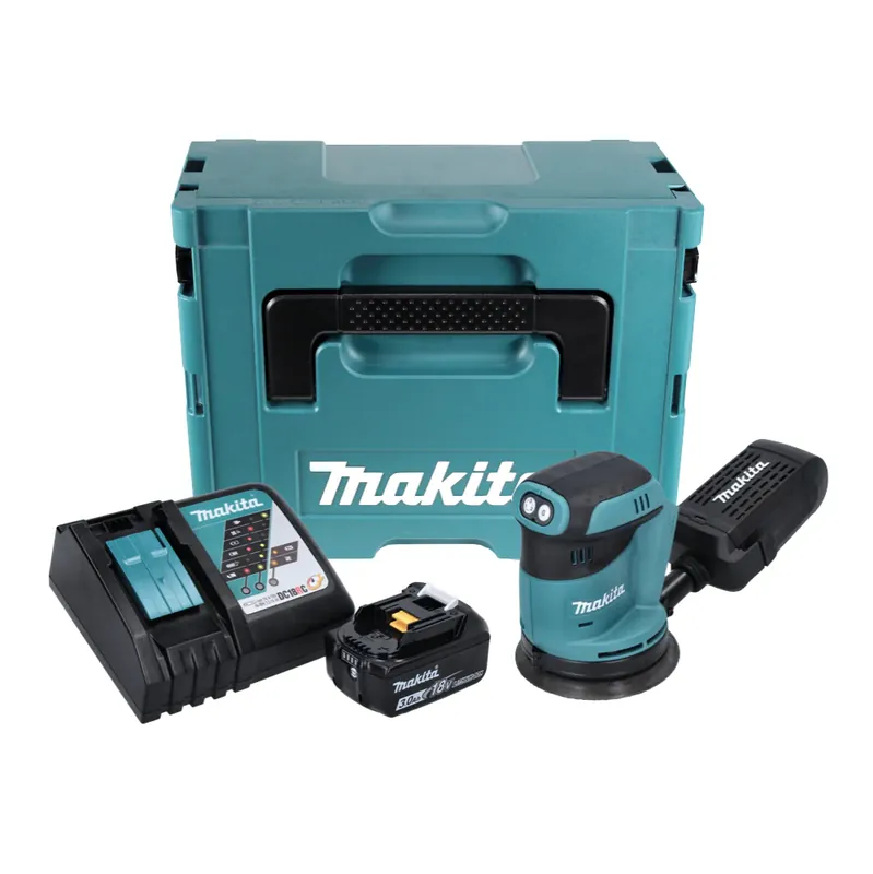 Saisonangebot Makita DBO 180 RF1J Akku Exzenterschleifer 18 V 125 mm + 1x Akku 3,0 Ah + Ladegerät + Makpac