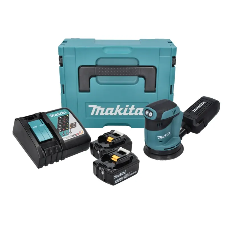 Saisonangebot Makita DBO 180 RGJ Akku Exzenterschleifer 18 V 125 mm + 2x Akku 6,0 Ah + Ladegerät + Makpac