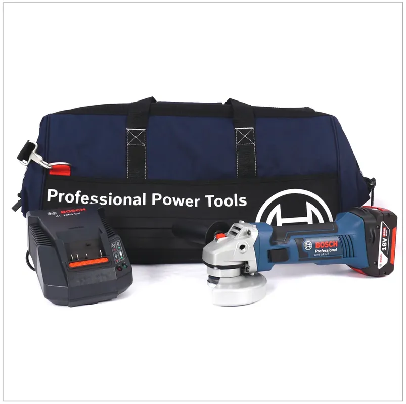 Bosch GWS 18 V-Li Professional 115 mm Winkelschleifer Set mit GBA 4,0 Ah Li-Ion Akku, Bosch AL 1860 CV Ladegerät, Bosch Werkzeugtasche Sofort Bestellen