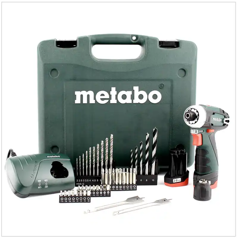 Jetzt Kaufen Metabo Power Maxx BS 10,8 V Akku Bohrschrauber im Koffer mit 2 x 2 Ah Akku, Lader, 45 tlg. Bit & Bohrer Set 6.00080.87
