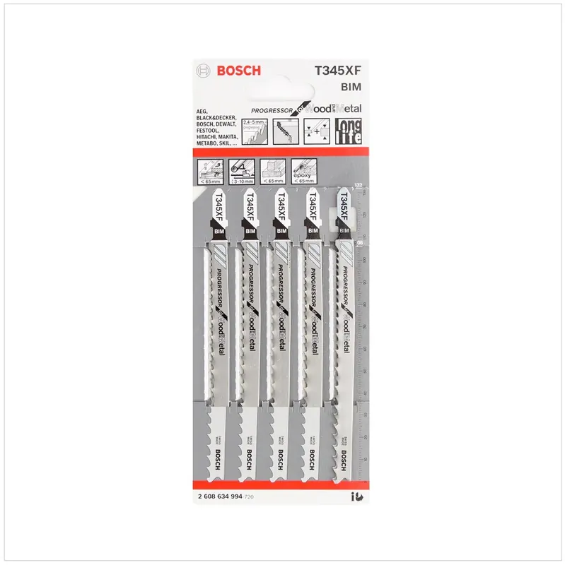 Markenware Bosch T 345 XF Stichsägeblätter Progressor for Wood and Metal 5 Stk. 132 mm ( 2608634994 )