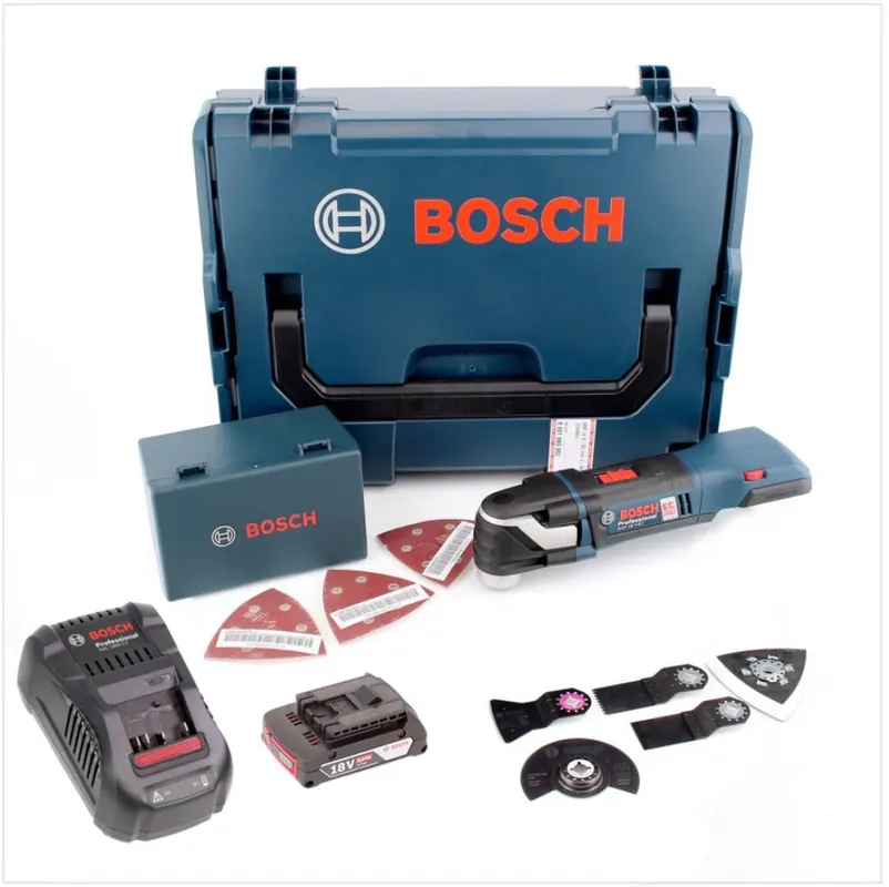 Jetzt Kaufen Bosch GOP 18 V-EC Professional brushless Akku Multi Cutter in L-Boxx + 1x GBA 2 Ah Akku mit GAL 1880 Ladegerät und 20 tlg. Zubehör-Set