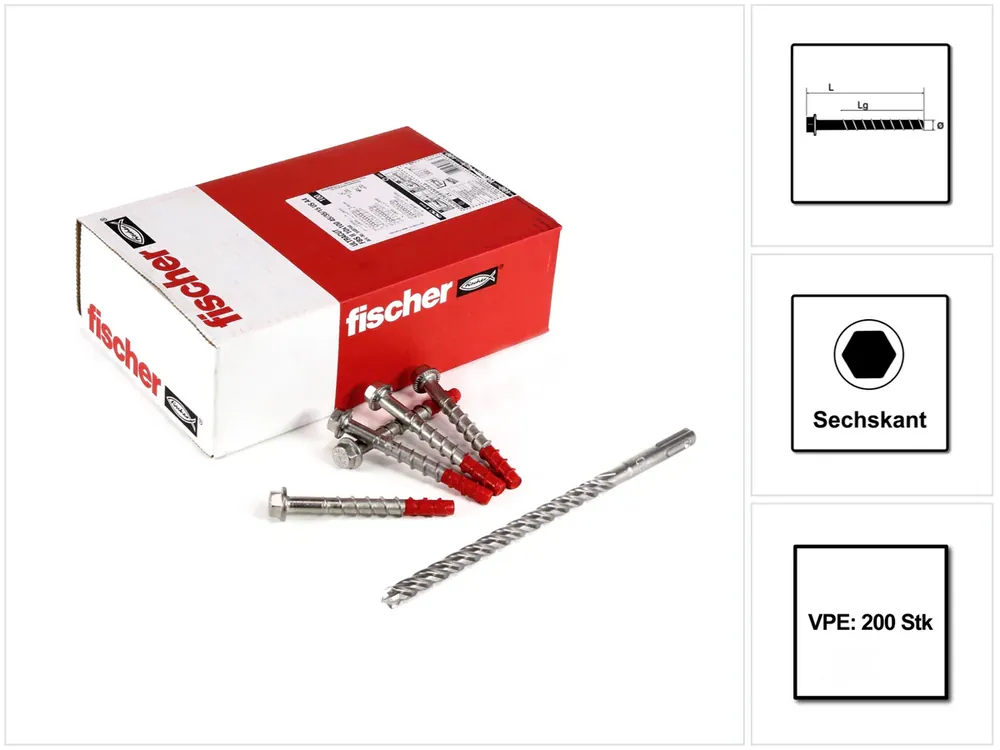 Fischer ULTRACUT FBS II A4 Betonschraube 10x100 mm 200 Stk. ( 2x 548744 ) Sechskantkopf SW15 Unterlegscheibe 45/35/15 A4 Edelstahl + Makita NEMESIS 2 Hammer und Beton Bohrer SDS-Plus 10x215 ( B-58213 ) Günstig