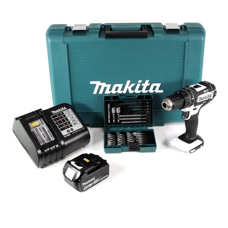 Highlight Makita DHP 482 ST1 W Akku Schlagbohrschrauber 18V 62Nm im Transportkoffer + 5,0 Ah Akku + Ladegerät + 38 tlg. Bit- & Bohrer Set