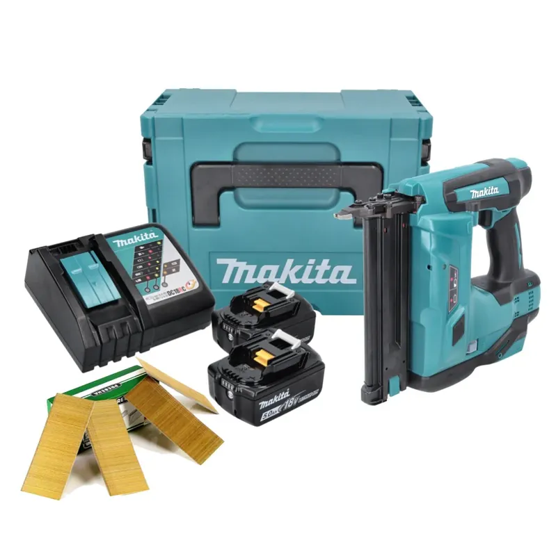 Abverkauf Makita DBN 500 RTJ Akku Stauchkopfnagler 18 V 15-50 mm + 2x Akku 5,0 Ah + Ladegerät + Makpac + Stauchkopfnägel 50 mm 20000 Stück