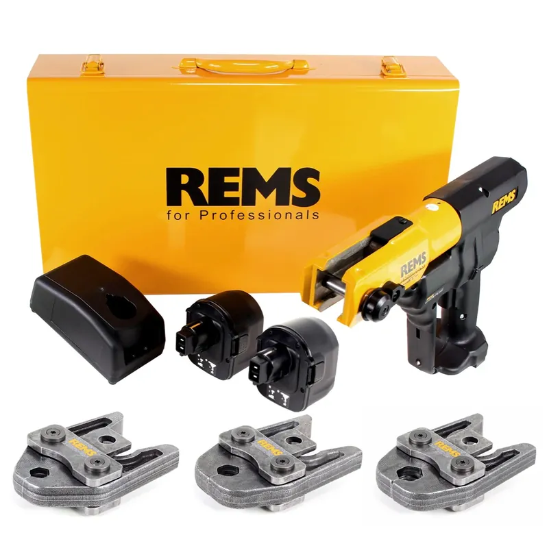 Kracherpreis REMS Akku Press ACC 14,4 V Akku Radialpresse mit Zwangsablauf im Stahlblechkasten + 2 x 3,0 Ah Akku + Ladegerät + 3 x Pressbacken V15 V18 V22