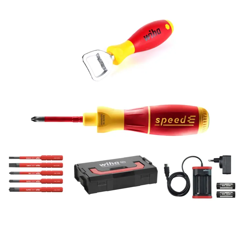 Neu Wiha speedE® elektronischer Schraubendreher - Set 1 in L-Box - 10-teilig mit 2x 1,5 Ah Akku und Ladegerät + Bits (41911) + Wiha Flaschenöffner (9872)