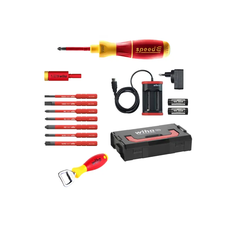 Wiha speedE® elektronischer Schraubendreher - Set 2 13-teilig mit 2x 1,5 Ah Akku mit Ladegerät, Bits , TorqueAdapter (41912) und Wiha Flaschenöffner (9872) Neu
