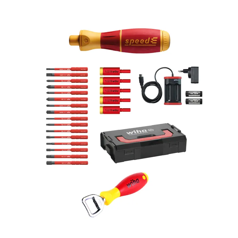 Letzte Chance Wiha speedE® elektronischer Schraubendreher - Set 3 - 25-teilig mit 2x 1,5 Ah Akku, Ladegerät ,Bits, TorqueAdapter (41913) + Wiha Flaschenöffner (9872)