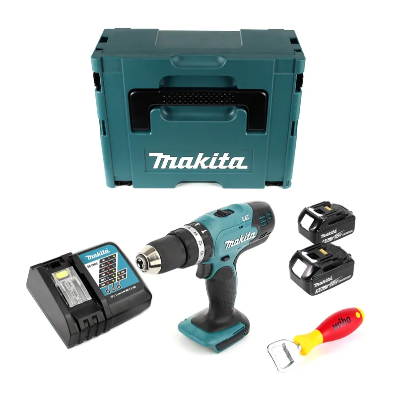 Rabatt Makita DHP 453 RTJ Akku Schlagbohrschrauber 18V 42Nm im MAKPAC + 2x 5 Ah Akku + Ladegerät + Wiha Flaschenöffner