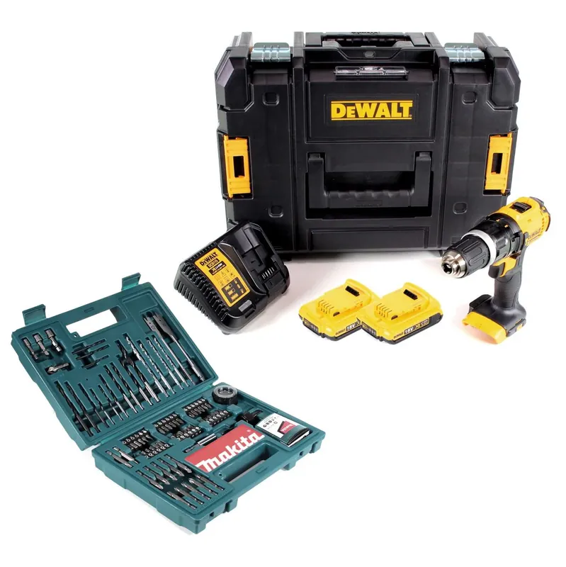 Markenprodukt DeWalt DCD 785 D2 Akku Schlagbohrschrauber 18V 60Nm + 2x Akkus 2,0Ah + Ladegerät + Makita Bit & Bohrer-Set im TSTAK Koffer