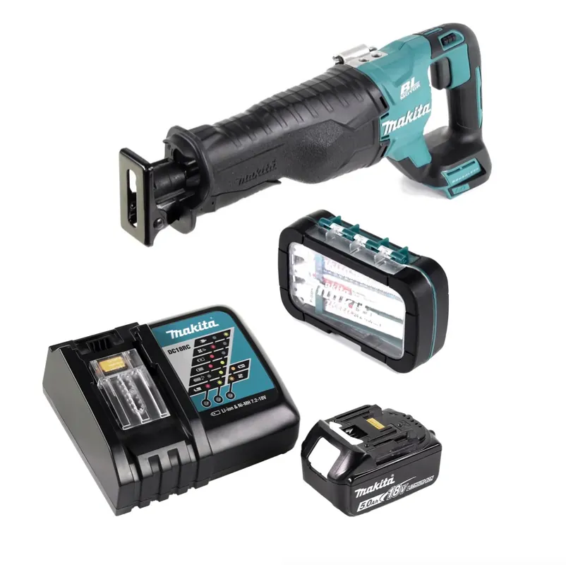 Aktuell Makita DJR 187 RT Akku Reciprosäge 18 V Brushless Säbelsäge + 1x Reciprosägeblatt Sortiment ( P-81290 ) + 1x 5,0 Ah Akku + Ladegerät