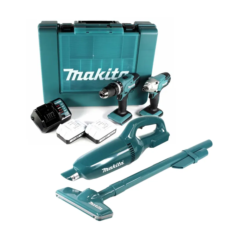 Makita DK18015 X1 Set mit HP457D Schlagbohrschrauber 18V und TDI127D Schlagschrauber 18V im Koffer + CL183 Akku Staubsauger + 2x 1,5 Ah Akku und Ladegerät Nur Für Kurze Zeit
