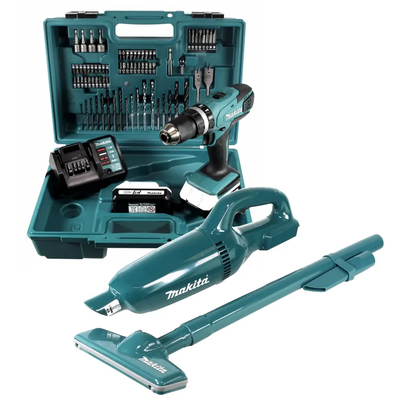 Preisreduziert Makita HP 457 DWE Akku Schlagbohrschrauber 18V 42Nm + Akku Staubsauger + 2x Akkus 1,5Ah + Lader + 74-tlg. Zubehörset im Koffer