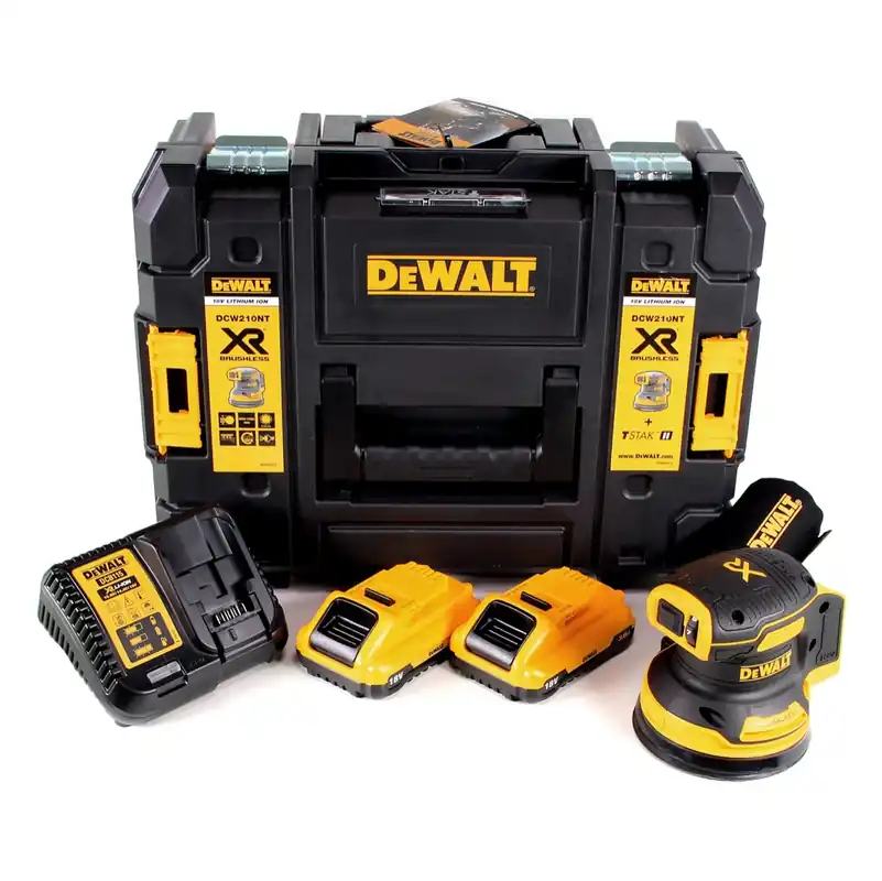 DeWalt DCW 210 L2 Akku Exzenterschleifer Brushless 18V 12.000U/min 125mm + 2x Akkus 3,0 Ah + 1x Schnellladegerät in TSTAK Markenprodukt