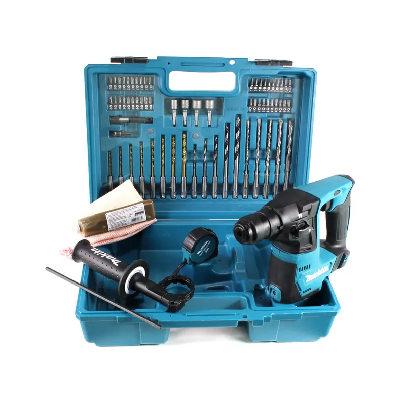 Zertifiziert Makita HR 140 DE1 Akku Bohrhammer 10.8 V SDS-Plus im Koffer + 64 tlg Zubehör Set - ohne Akku und Lader