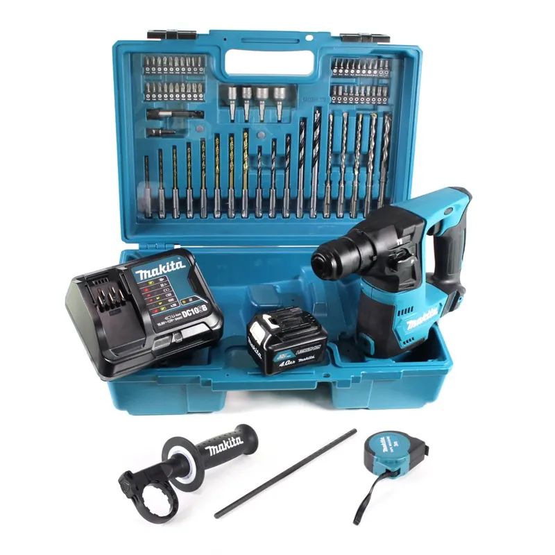 Jetzt Kaufen Makita HR 140 DSM1E1 Akku Bohrhammer 10.8 V SDS-Plus im Koffer + 64 tlg Zubehör Set + 1x 4,0 Ah Akku und Lader