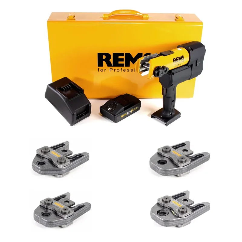Letzte Chance REMS Akku-Press 22V ACC + 1x Akku 2,5Ah + Schnellladegerät + Pressbacken Presszangen Standard M15,18,22,28 im Stahlblechkasten